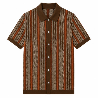 Brown and red striped shirt with a pattern on a white background