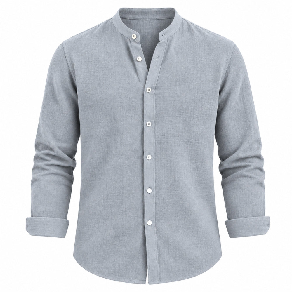 A light gray long-sleeve linen shirt with a mandarin collar and white buttons, shown on a plain white background.