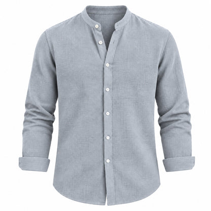 A light gray long-sleeve linen shirt with a mandarin collar and white buttons, shown on a plain white background.