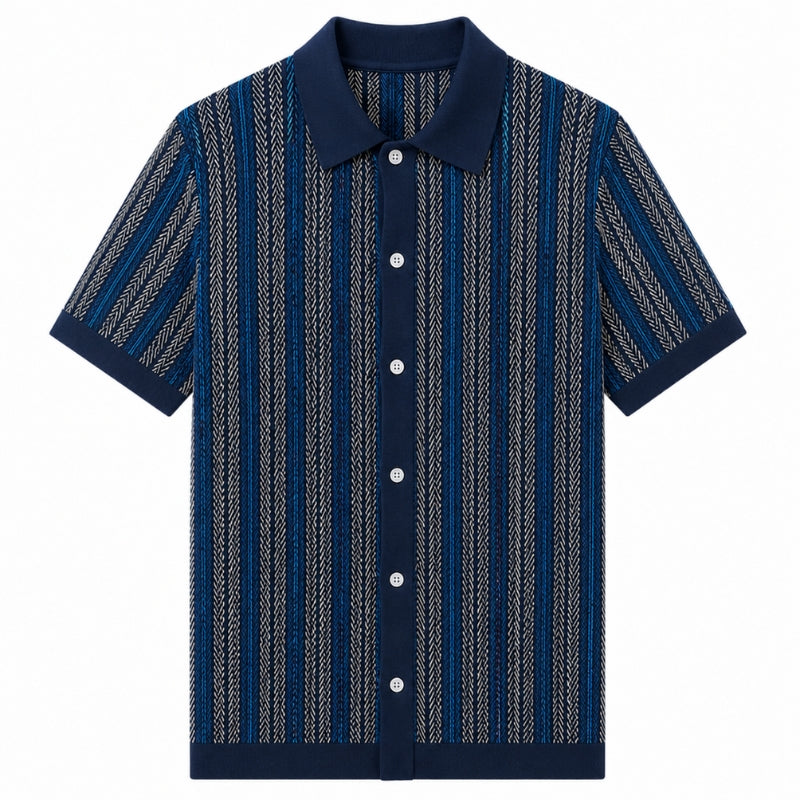 Navy and gray striped shirt with a collar on a white background