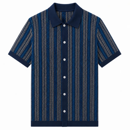 Navy and gray striped shirt with a collar on a white background