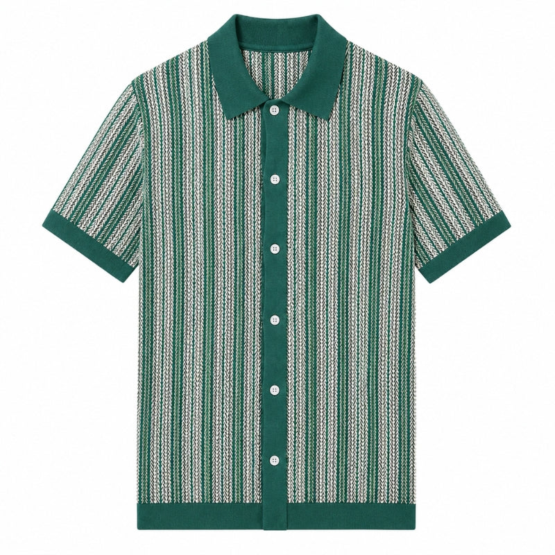 Green and white striped shirt with a collar on a white background