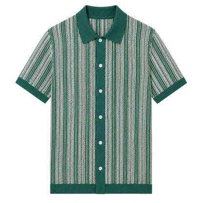Green and white striped shirt with a collar on a white background
