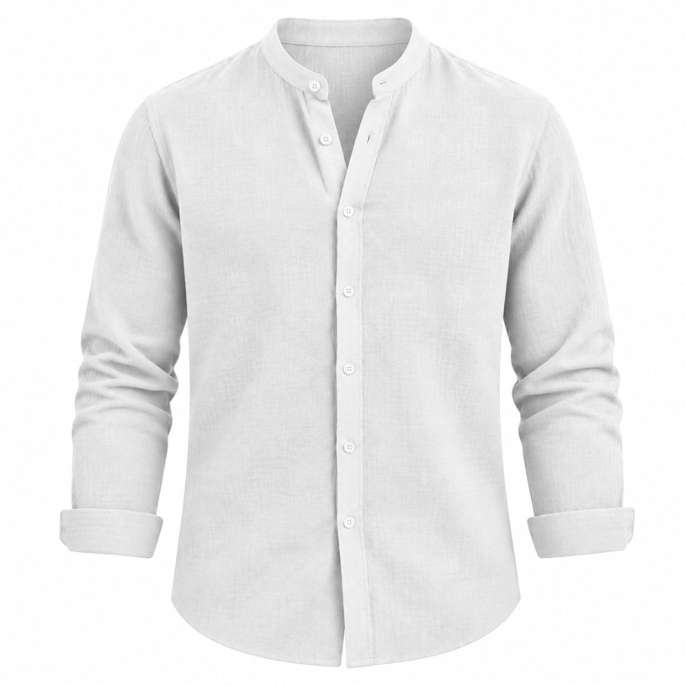 A white long-sleeve linen shirt with a mandarin collar and white buttons, shown on a plain white background.