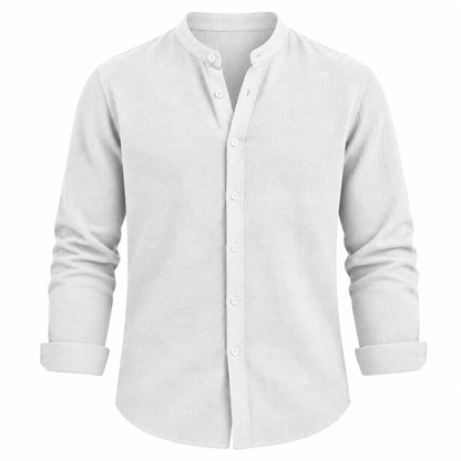 A white long-sleeve linen shirt with a mandarin collar and white buttons, shown on a plain white background.