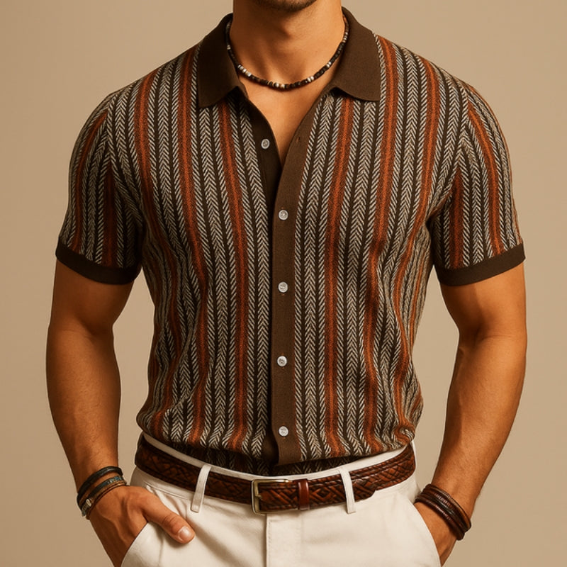 Man wearing a patterned shirt with brown and white stripes on a beige background