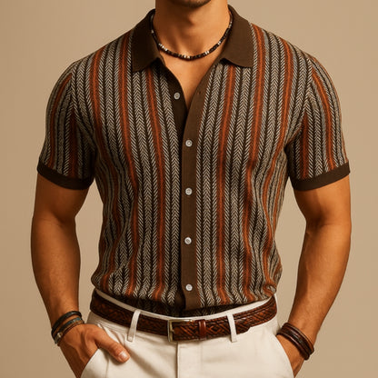 Man wearing a patterned shirt with brown and white stripes on a beige background