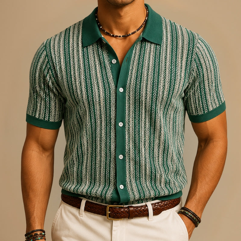 Man wearing a green and white striped shirt with a beige background