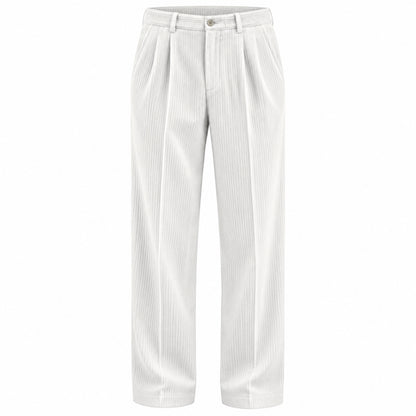 White pleated trousers with a subtle vertical textured stripe pattern, shown on a clean white background.