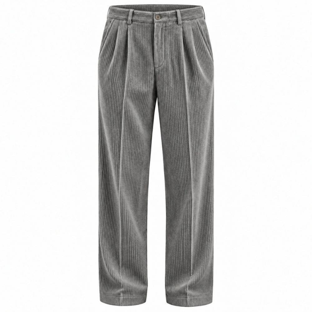 Gray corduroy trousers with a high waist and front pleats, shown against a plain white background.