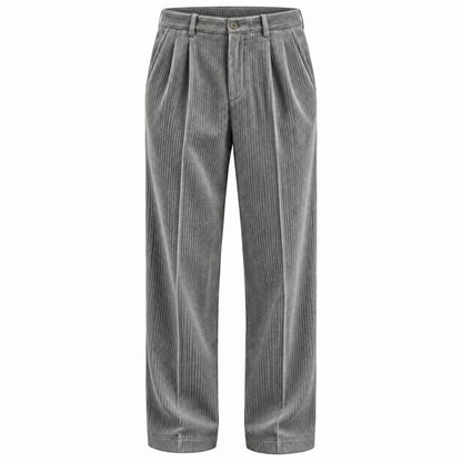 Gray corduroy trousers with a high waist and front pleats, shown against a plain white background.