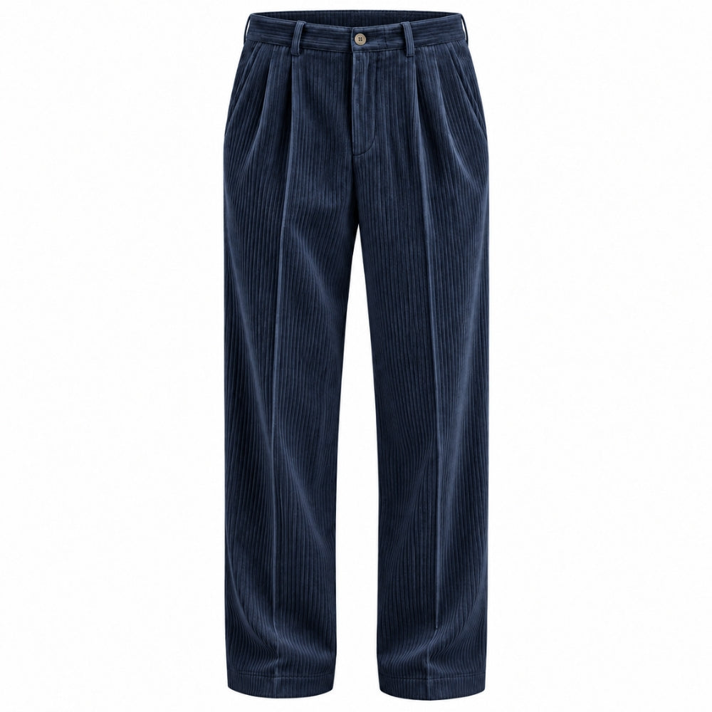 A pair of dark navy blue corduroy trousers with a pleated front and a button closure, shown against a plain white background.