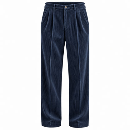 A pair of dark navy blue corduroy trousers with a pleated front and a button closure, shown against a plain white background.