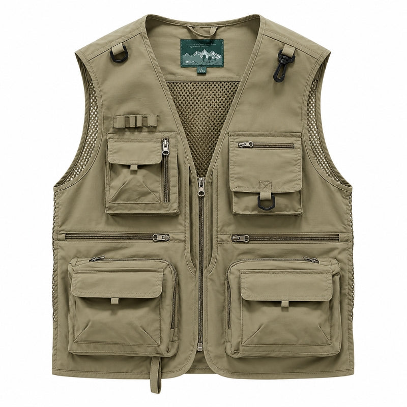 An khaki multi-pocket utility vest with a mesh lining, shown flat against a white background.