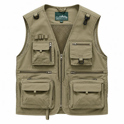 An khaki multi-pocket utility vest with a mesh lining, shown flat against a white background.