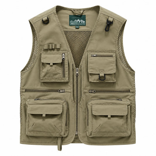 An khaki multi-pocket utility vest with a mesh lining, shown flat against a white background.