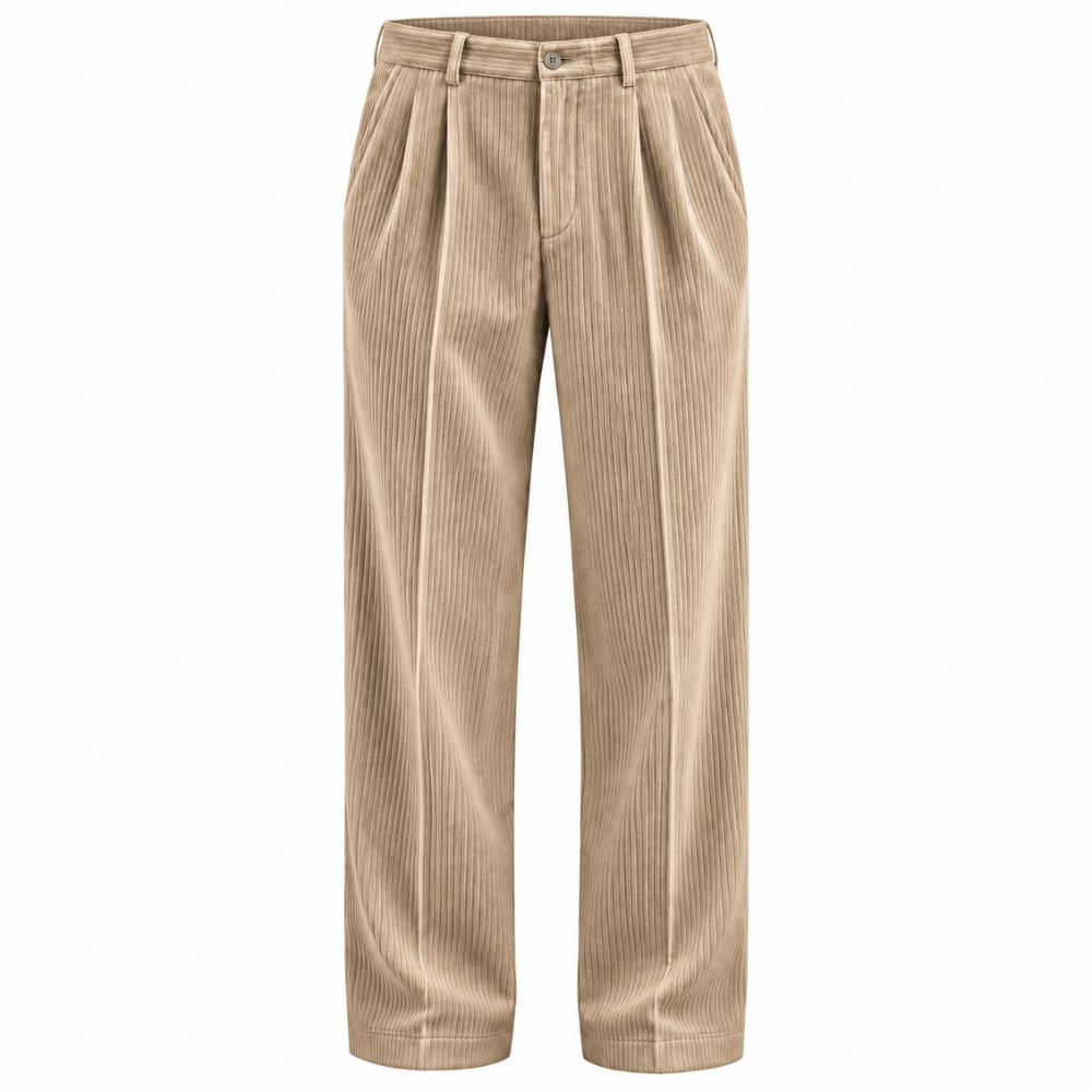 A pair of beige corduroy trousers with a pleated front and straight-leg fit, shown against a plain white background.