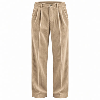 A pair of beige corduroy trousers with a pleated front and straight-leg fit, shown against a plain white background.