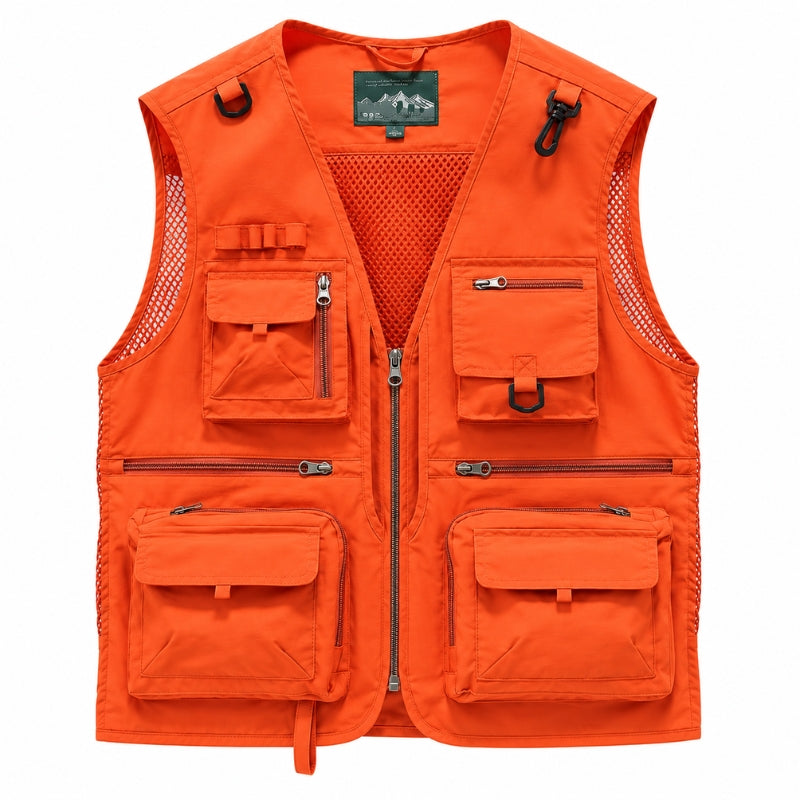 Bright orange multi-pocket utility vest with a front zipper, mesh side panels, and multiple zippered pockets, shown on a plain white background.