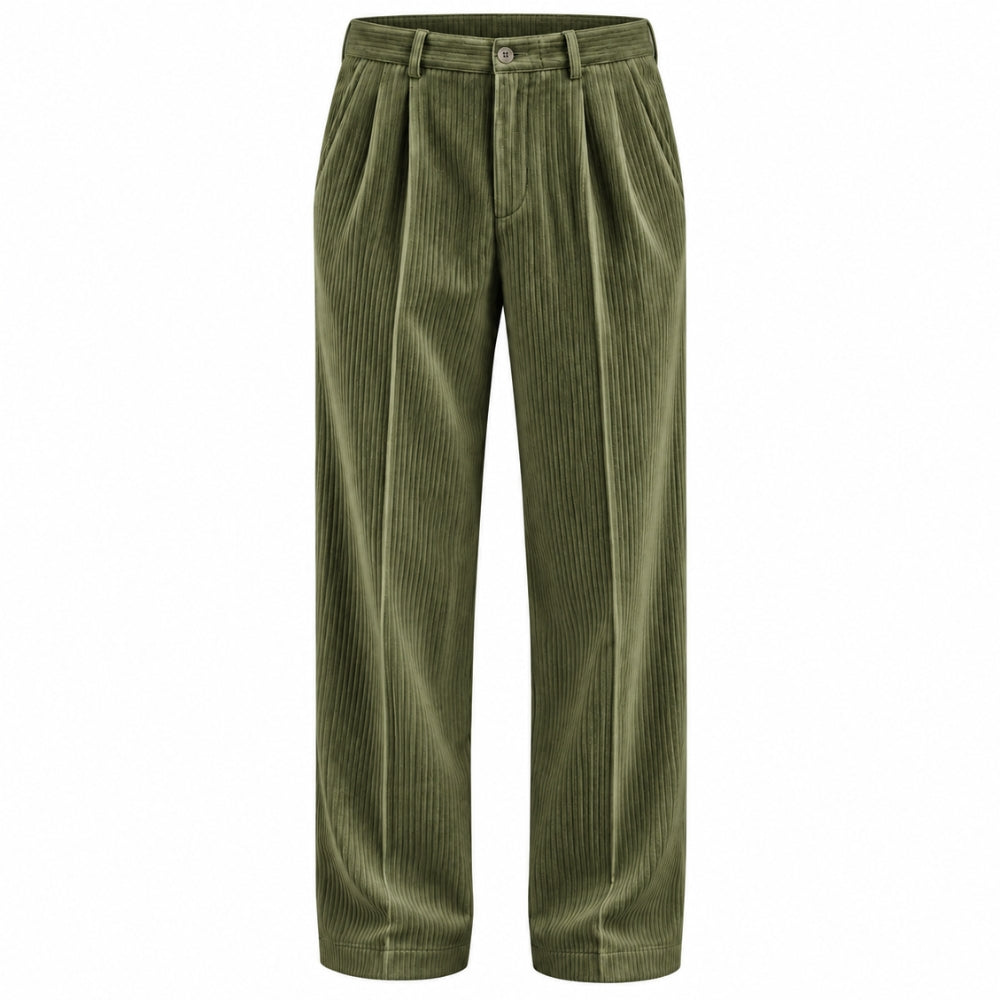 Olive green corduroy trousers with a pleated front and button closure, shown on a plain white background.