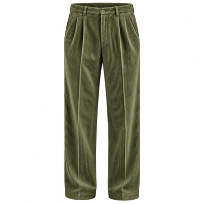 Olive green corduroy trousers with a pleated front and button closure, shown on a plain white background.