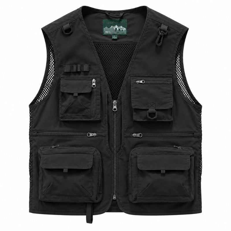 A black multi-pocket utility vest with a front zipper, mesh side panels, and multiple zippered pockets, shown on a plain white background.