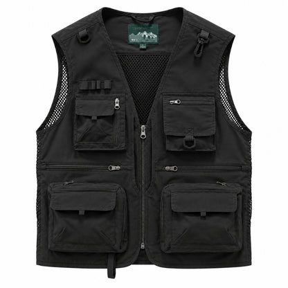 A black multi-pocket utility vest with a front zipper, mesh side panels, and multiple zippered pockets, shown on a plain white background.