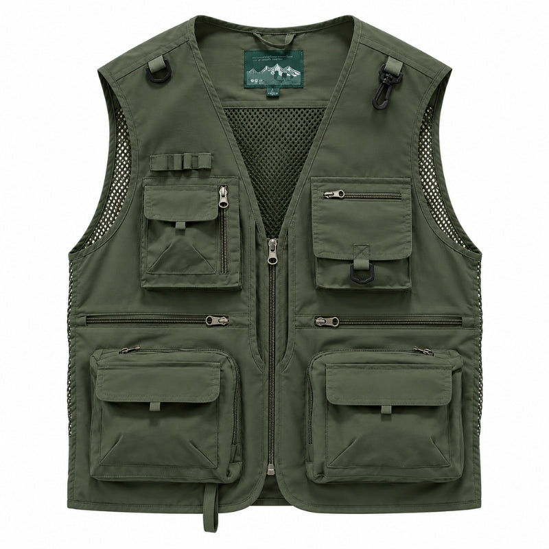 An olive green men's utility fishing vest with multiple zippered and button-flap pockets, shown flat against a white background.