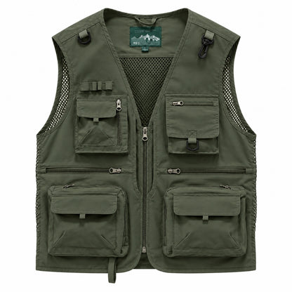 An olive green men's utility fishing vest with multiple zippered and button-flap pockets, shown flat against a white background.