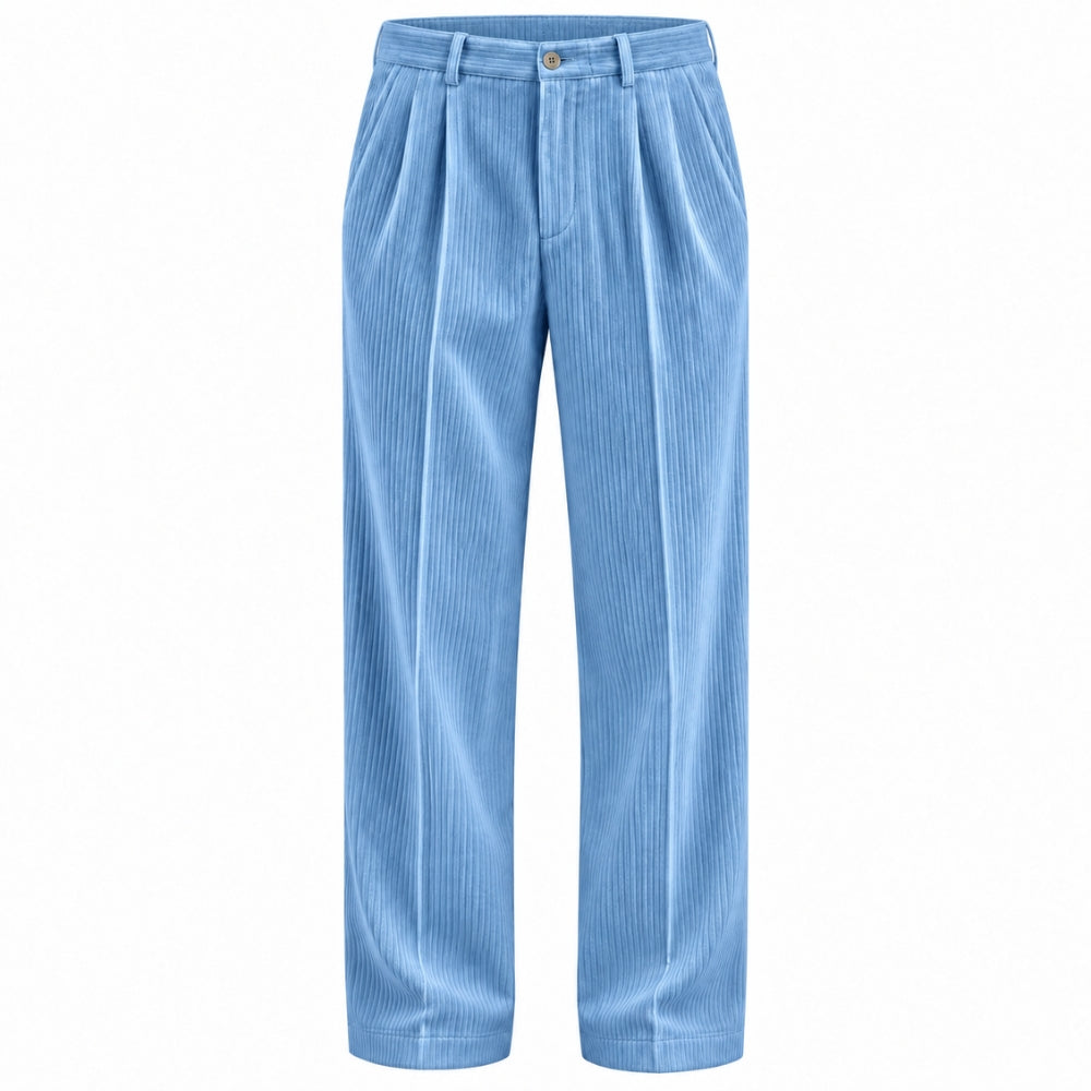 Light blue corduroy trousers with a pleated front and a button closure, shown against a plain white background.