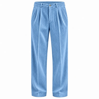 Light blue corduroy trousers with a pleated front and a button closure, shown against a plain white background.