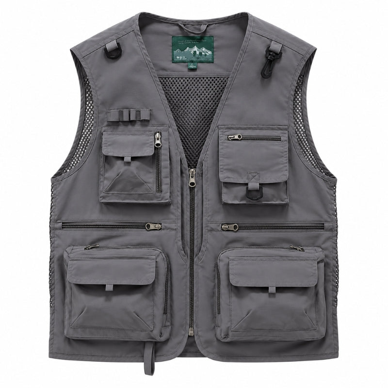 A gray multi-pocket utility vest with a front zipper, mesh side panels, and multiple zippered and flap pockets, shown on a plain white background.