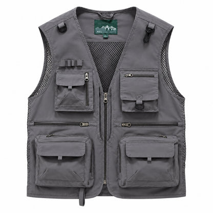 A gray multi-pocket utility vest with a front zipper, mesh side panels, and multiple zippered and flap pockets, shown on a plain white background.