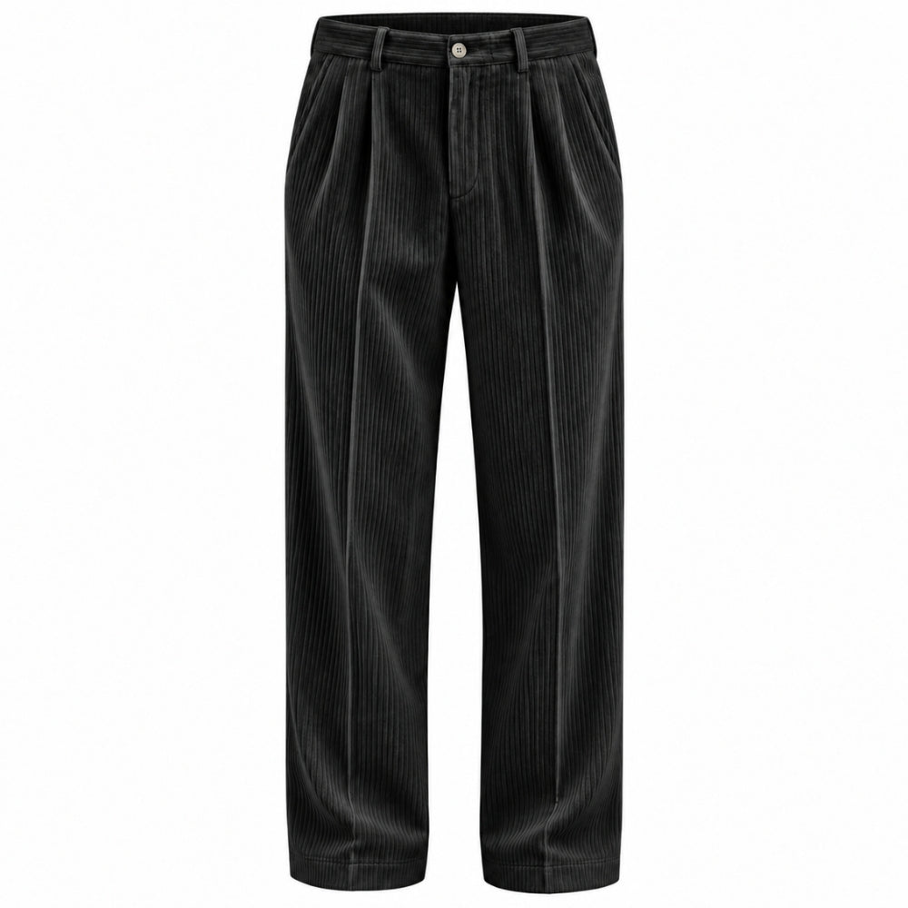 Black corduroy trousers with a pleated front and wide legs, shown against a plain white background.