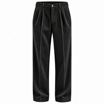 Black corduroy trousers with a pleated front and wide legs, shown against a plain white background.