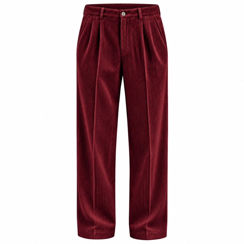 A pair of pleated corduroy trousers in a deep burgundy red, shown flat against a solid white background.