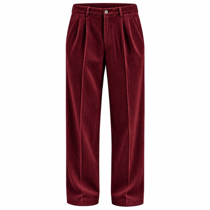 A pair of pleated corduroy trousers in a deep burgundy red, shown flat against a solid white background.