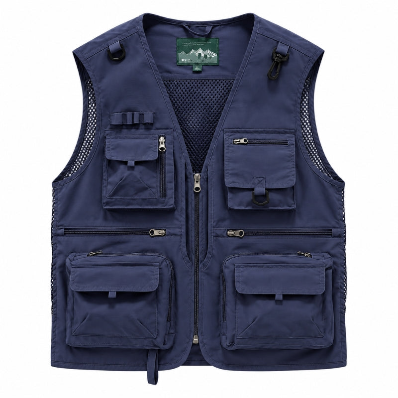 A navy blue multi-pocket utility vest with a front zipper, mesh side panels, and multiple zippered and flap pockets, shown on a plain white background.
