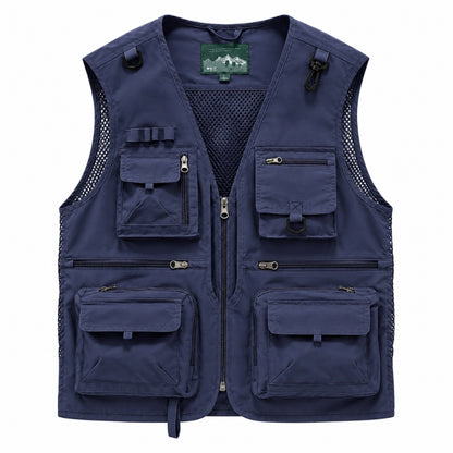 A navy blue multi-pocket utility vest with a front zipper, mesh side panels, and multiple zippered and flap pockets, shown on a plain white background.