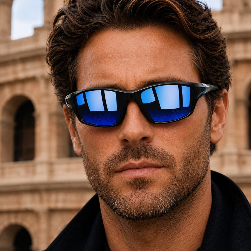 Man wearing blue reflective sunglasses with a historical building in the background