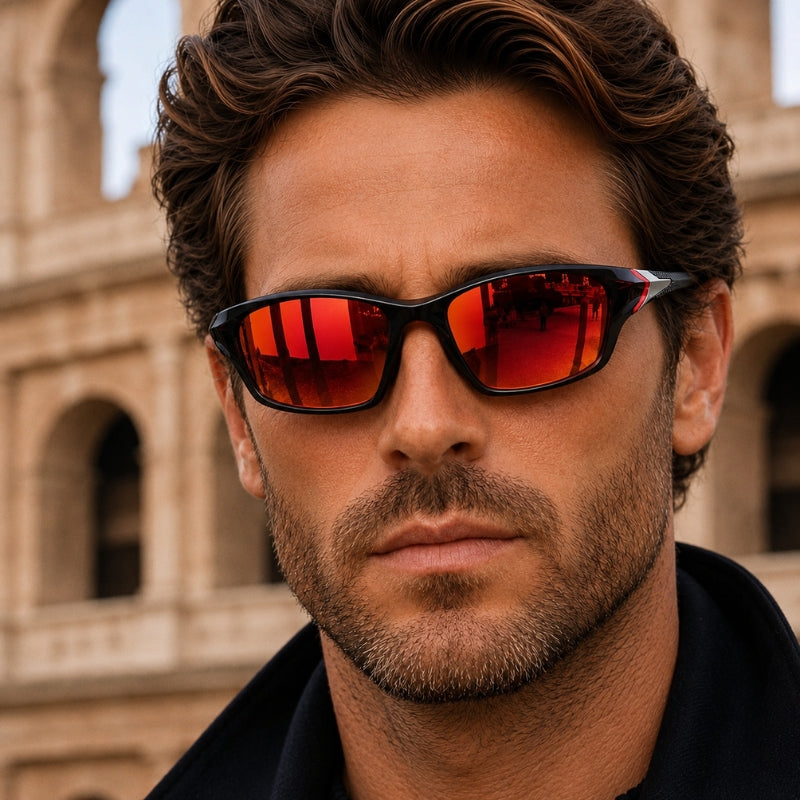 Man wearing red-tinted sunglasses with a historical building in the background