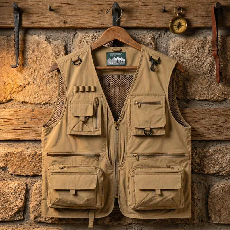 A tan utility fishing vest with multiple zippered and flap pockets, hanging on a wooden hanger against a rustic stone wall backdrop.