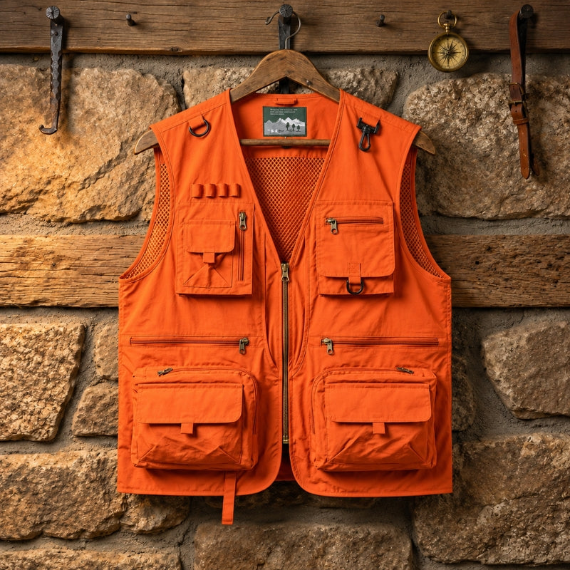 Bright orange fishing vest with multiple front pockets and a zip closure, hanging on a wooden hanger against a rustic stone wall backdrop.