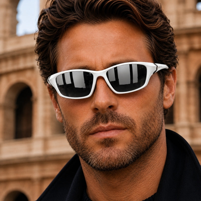 Man wearing white sunglasses with a blurred ancient architectural background