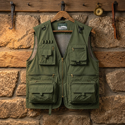 An olive green multi-pocket utility vest hanging on a wooden hanger against a rustic stone wall backdrop.