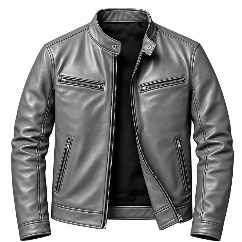 A gray faux leather motorcycle jacket with a stand collar, front zipper, and zippered chest pockets, shown on a white background.