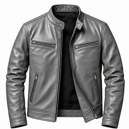 A gray faux leather motorcycle jacket with a stand collar, front zipper, and zippered chest pockets, shown on a white background.