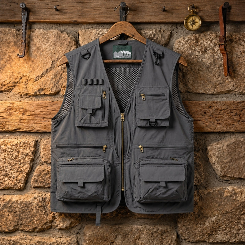 A dark gray multi-pocket utility vest hanging on a wooden hanger against a rustic stone wall backdrop.