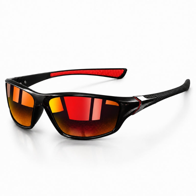 Sunglasses with black frame and red interior on a white background