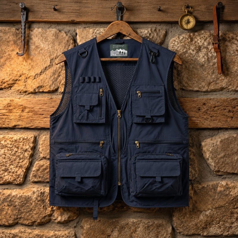 A navy blue multi-pocket utility vest hanging on a wooden hanger against a rustic stone wall backdrop.